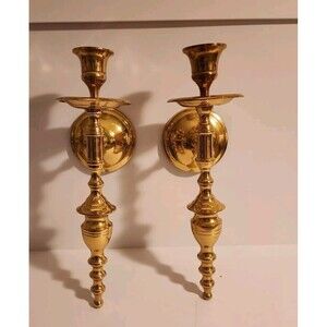 Vintage Solid Shiny Brass Candlestick Wall Scones Pair Candle Holders 11" L